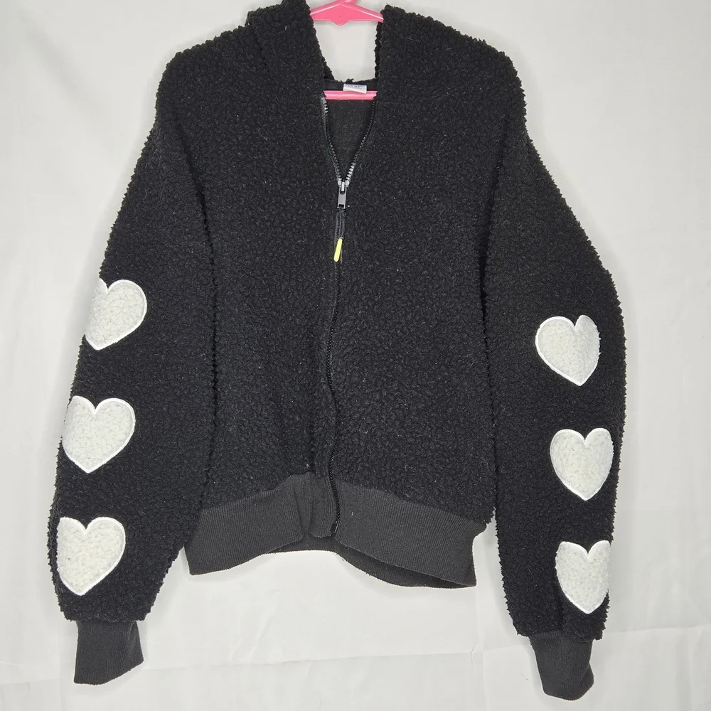 Girls Size Large 10/12 Old Navy Hooded Black Fleece Jacket W Hearts On Sleeves